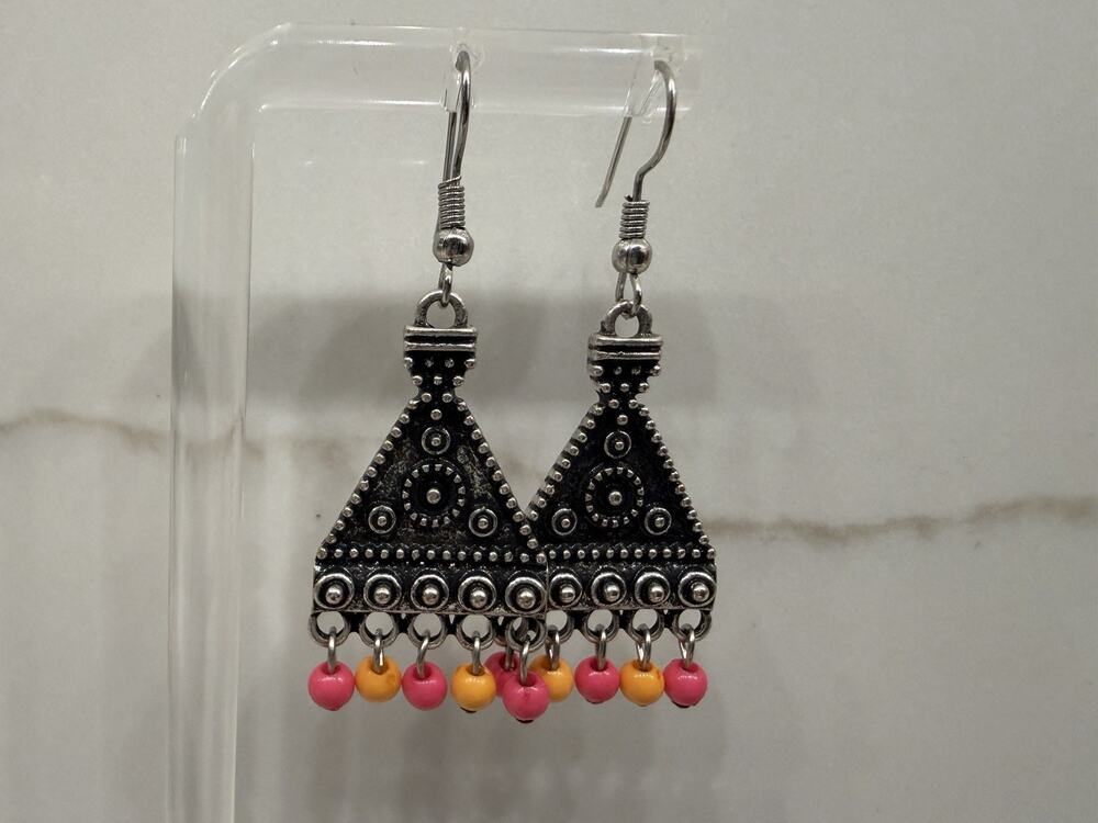 Boho Tribal Earrings Silver Tone Triangle Pink Orange Bead Fringe Dangle